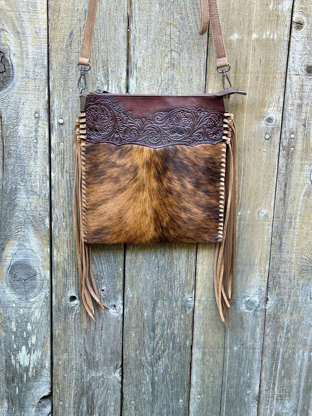Western Fringe Crossbody Purse,Tooled Leather Cowhide Clutch, Crossbody Messenger Bag, Fringe Bag, *Shoulder Strap Included* Handmade
