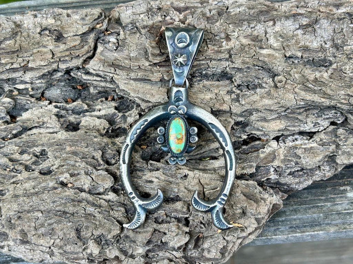 Royston Turquoise Dean Sandoval Naja Pendant:  Sterling Silver Navajo Vintage Jewelry