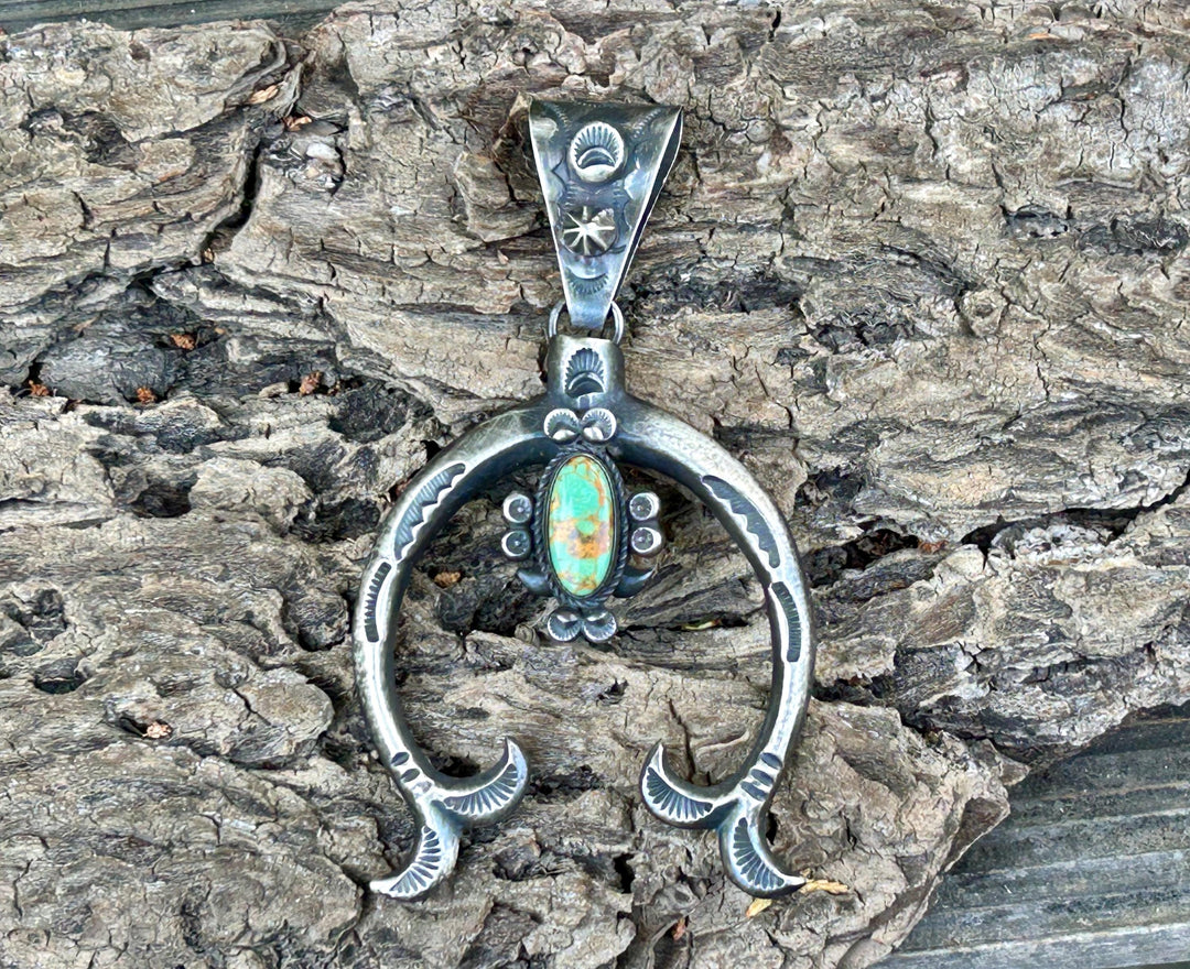 Royston Turquoise Dean Sandoval Naja Pendant:  Sterling Silver Navajo Vintage Jewelry