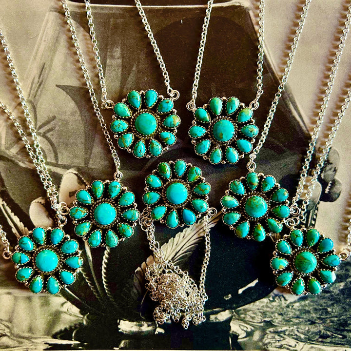 Kingman Turquoise Cluster Necklace: Sterling Silver, Southwestern Flower Pendant