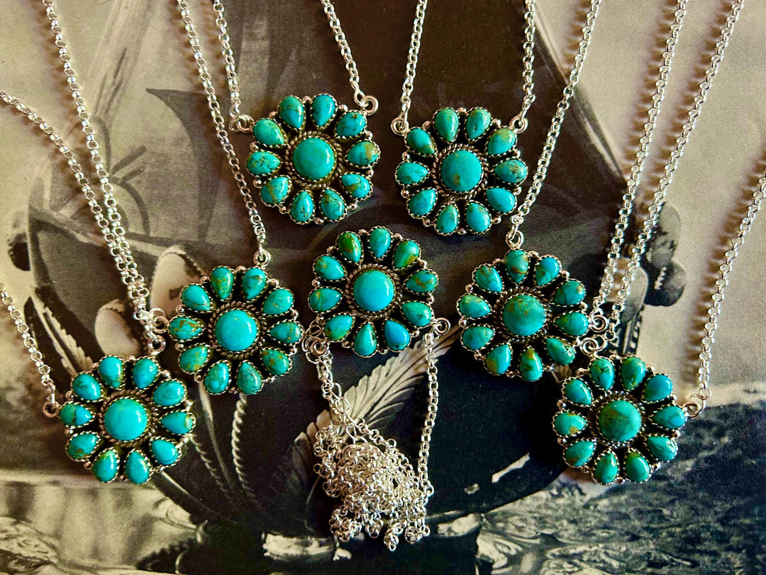 Kingman Turquoise Cluster Necklace: Sterling Silver, Southwestern Flower Pendant