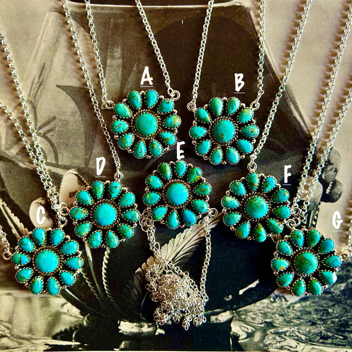 Kingman Turquoise Cluster Necklace: Sterling Silver, Southwestern Flower Pendant
