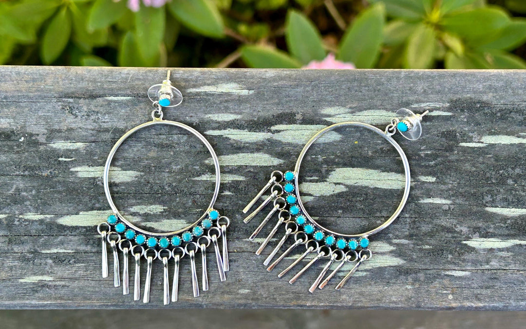 Turquoise Fringe Hoop Earrings - Sterling Silver Statement Jewelry