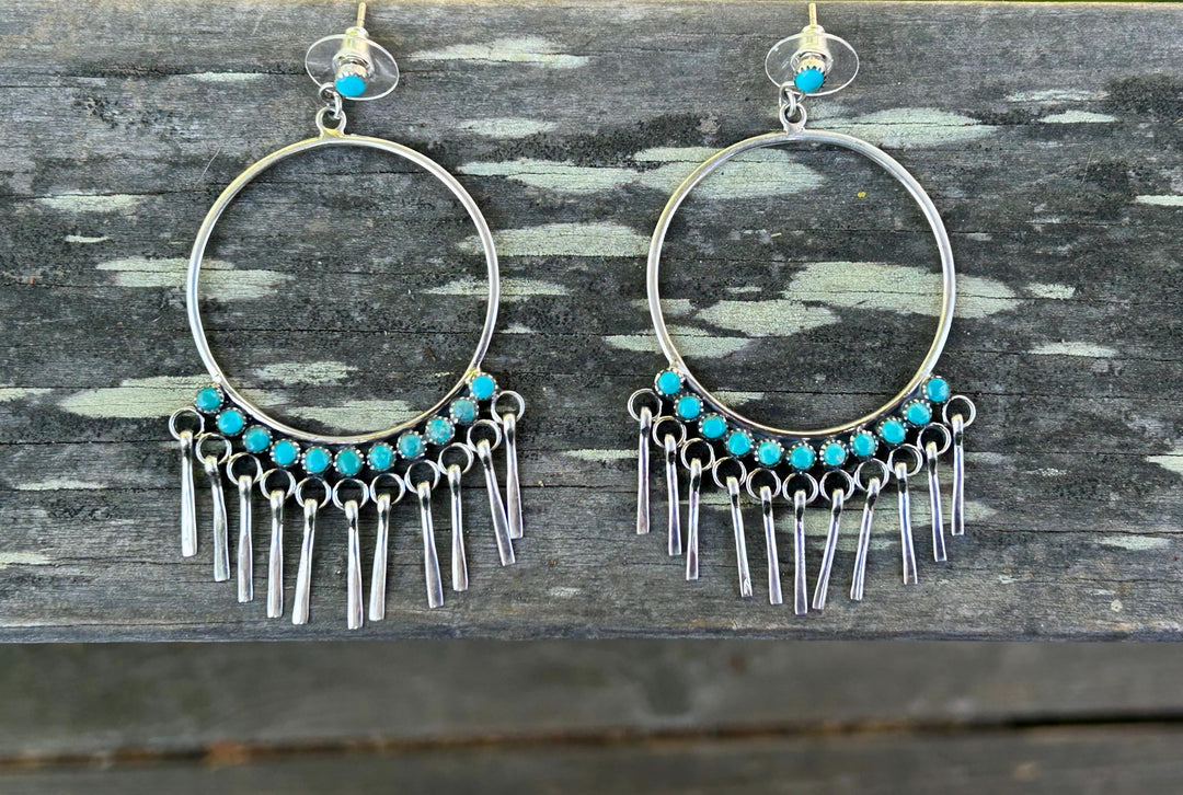 Turquoise Fringe Hoop Earrings - Sterling Silver Statement Jewelry