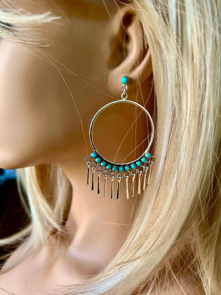 Turquoise Fringe Hoop Earrings - Sterling Silver Statement Jewelry