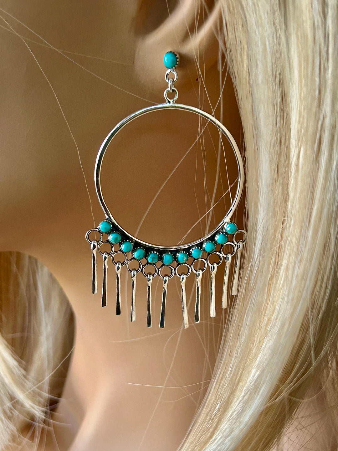 Turquoise Fringe Hoop Earrings - Sterling Silver Statement Jewelry