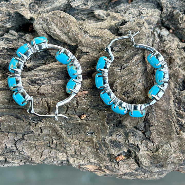 Platinum Turquoise Inside-Out Hoop Earrings: Boho Southwestern Design