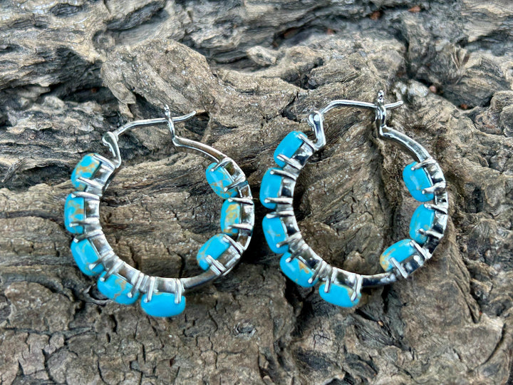 Platinum Turquoise Inside-Out Hoop Earrings: Boho Southwestern Design