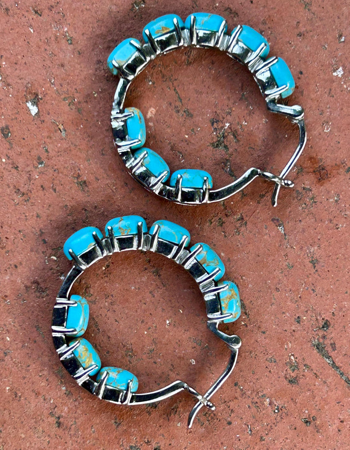 Platinum Turquoise Inside-Out Hoop Earrings: Boho Southwestern Design
