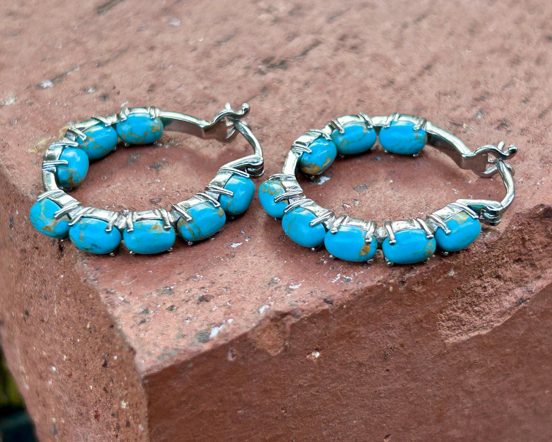 Platinum Turquoise Inside-Out Hoop Earrings: Boho Southwestern Design