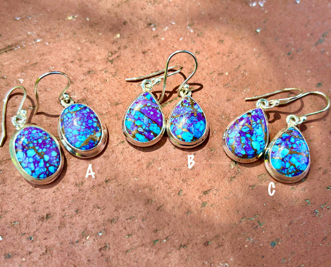 Turquoise & Purple Copper Infused Earrings: Sterling Silver Dangle Earrings