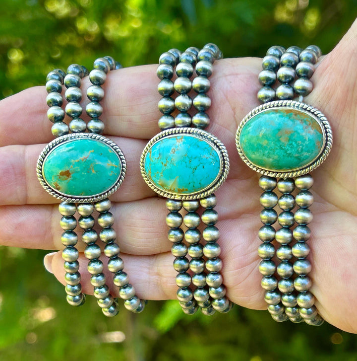 Kingman Turquoise Bracelet: Sterling Silver, Navajo Pearls, Gemstone Jewelry