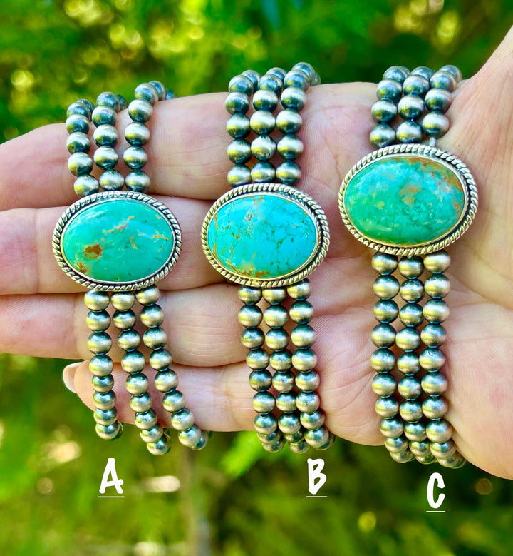 Handmade Turquoise Navajo Pearl Silver Bracelet, Kingman Turquoise Beaded Bracelet, Sterling Silver Pearls, Southwestern Turquoise Bracelet