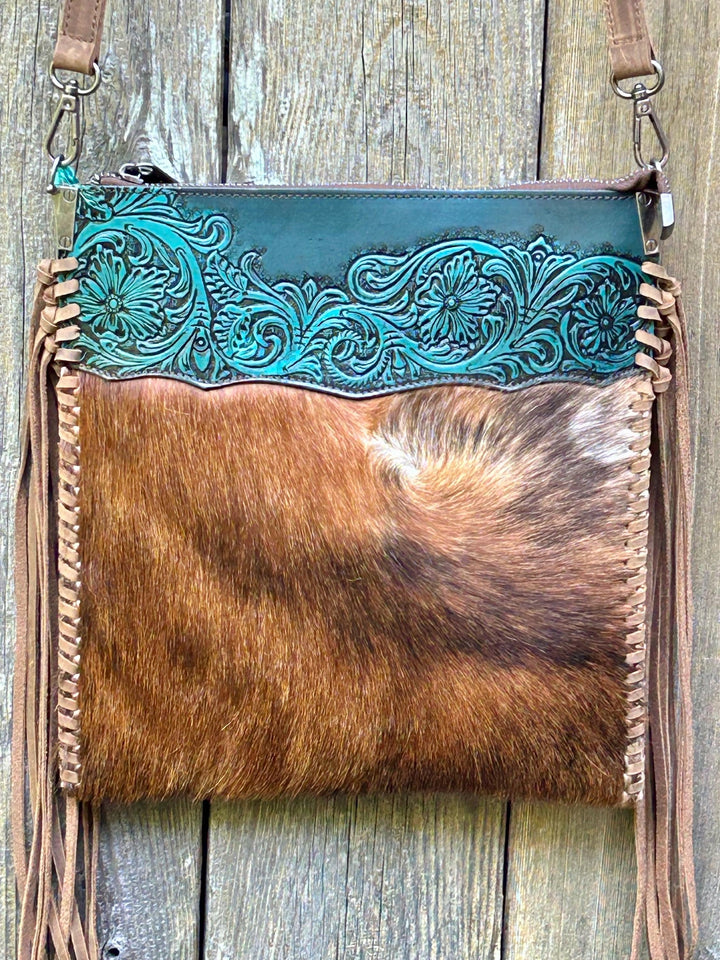 Western Fringe Crossbody Purse, Western Tooled Leather Cowhide Clutch, Crossbody Messenger Fringe Bag, *Shoulder Strap Included* Handmade