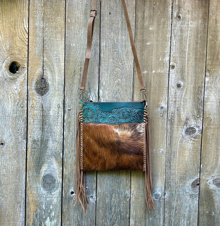 Western Fringe Crossbody Purse, Western Tooled Leather Cowhide Clutch, Crossbody Messenger Fringe Bag, *Shoulder Strap Included* Handmade