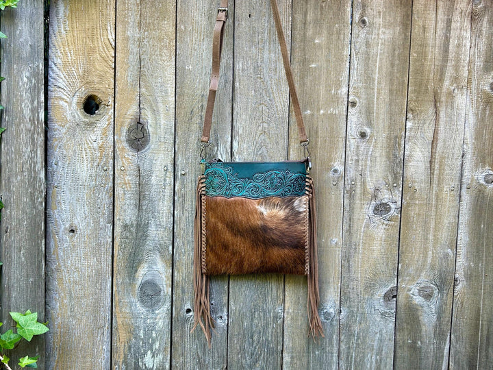 Western Fringe Crossbody Purse, Western Tooled Leather Cowhide Clutch, Crossbody Messenger Fringe Bag, *Shoulder Strap Included* Handmade