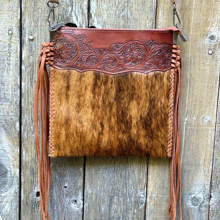 Hand Tooled Leather Cowhide Fringe Crossbody Bag: Western Style