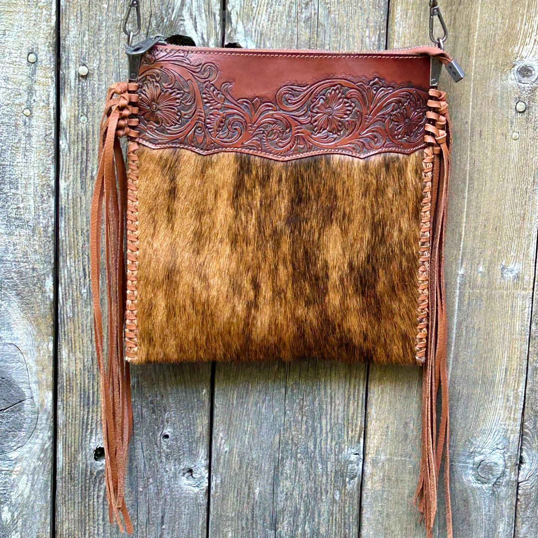 Hand Tooled Leather Cowhide Fringe Crossbody Bag: Western Style