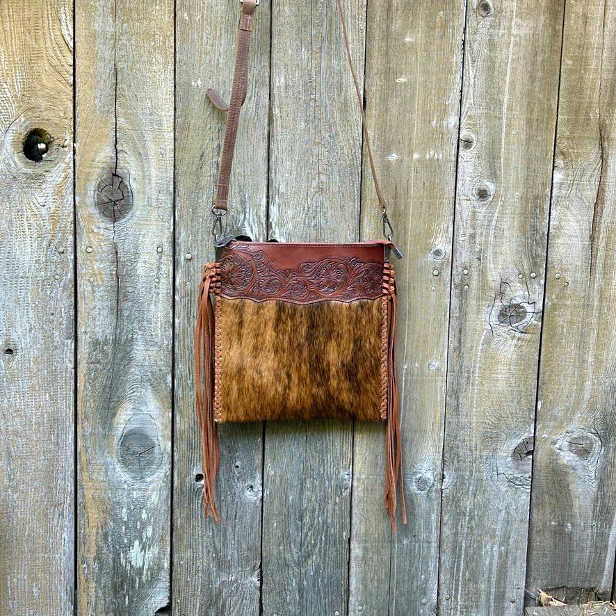 Hand Tooled Leather Cowhide Fringe Crossbody Bag: Western Style