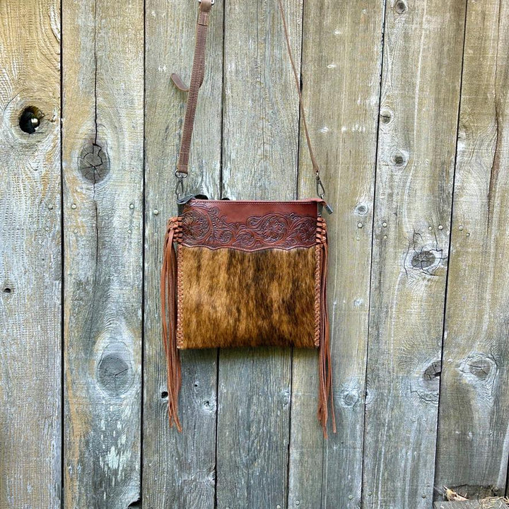 Hand Tooled Leather Cowhide Fringe Crossbody Bag: Western Style