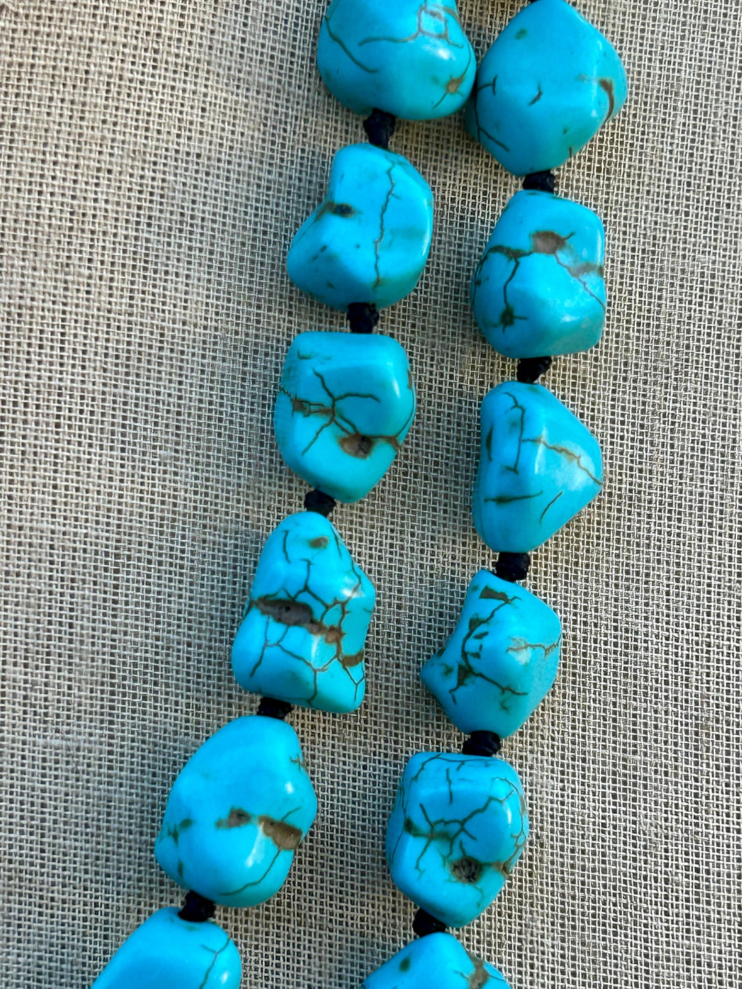 Turquoise Beaded Long Necklace:  Hand Knotted Southwestern Boho Design