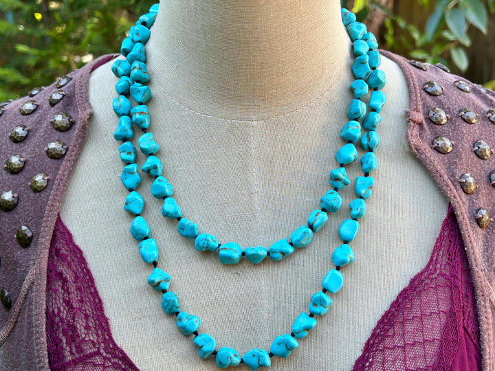 Turquoise Beaded Long Necklace:  Hand Knotted Southwestern Boho Design