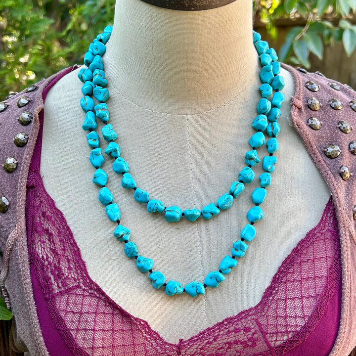 Turquoise Beaded Long Necklace:  Hand Knotted Southwestern Boho Design