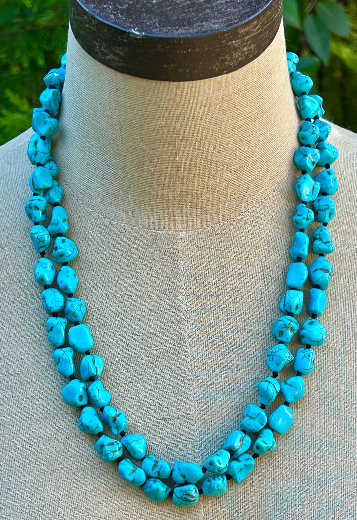 Turquoise Beaded Long Necklace:  Hand Knotted Southwestern Boho Design