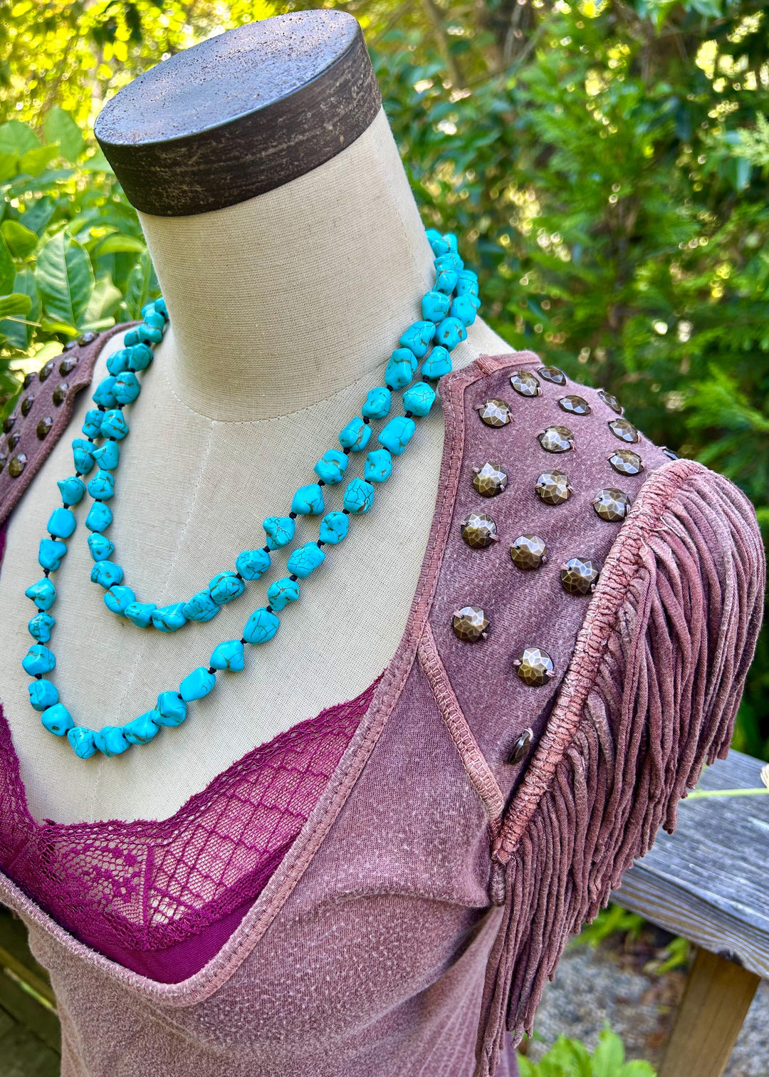 Turquoise Beaded Long Necklace:  Hand Knotted Southwestern Boho Design
