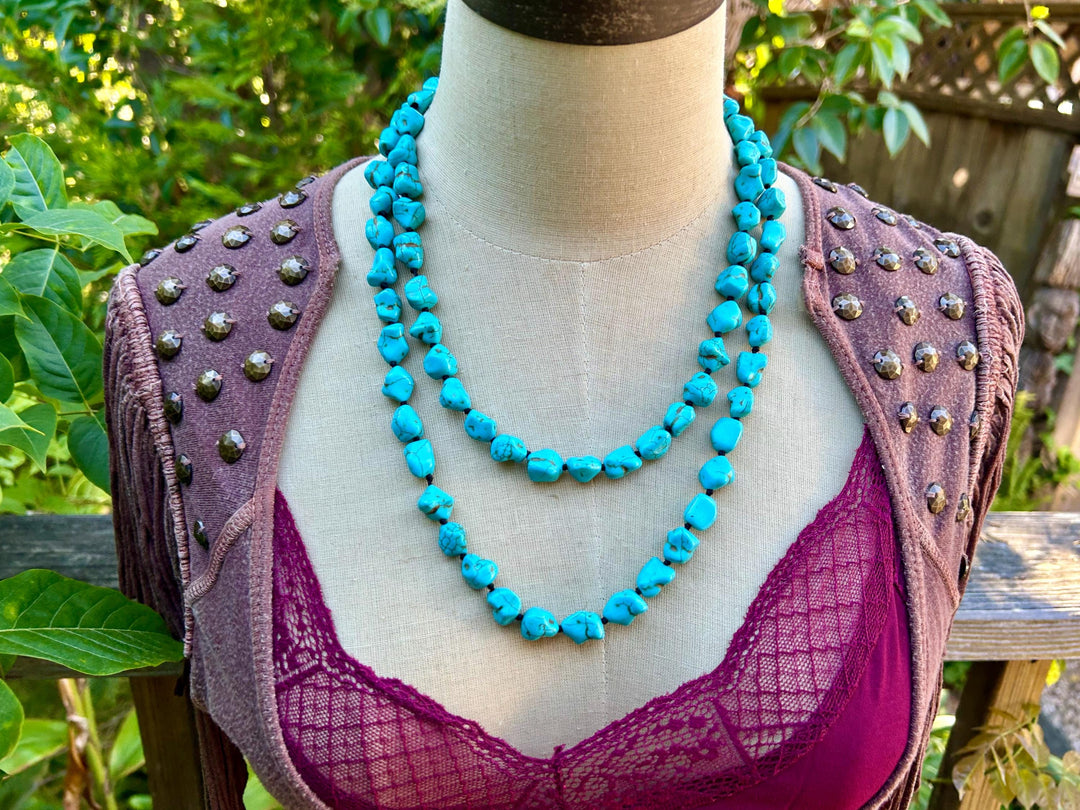 Turquoise Beaded Long Necklace:  Hand Knotted Southwestern Boho Design