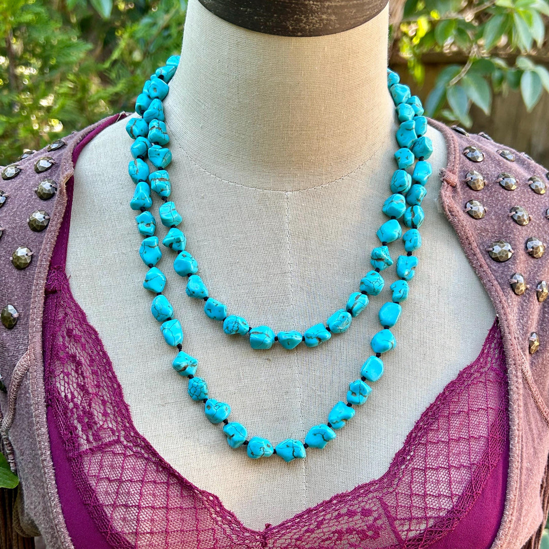 Turquoise Beaded Long Necklace:  Hand Knotted Southwestern Boho Design