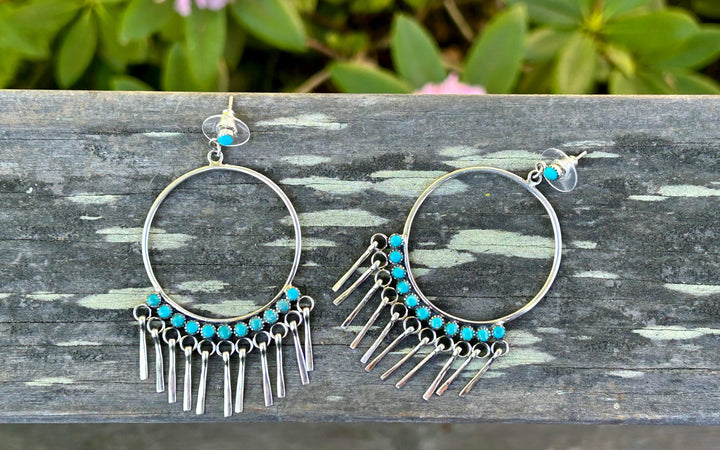 Turquoise Fringe Hoop Earrings - Sterling Silver Statement Jewelry