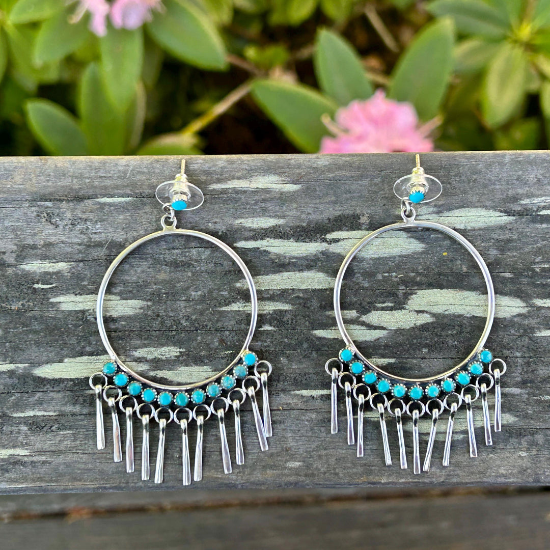 Turquoise Fringe Hoop Earrings - Sterling Silver Statement Jewelry