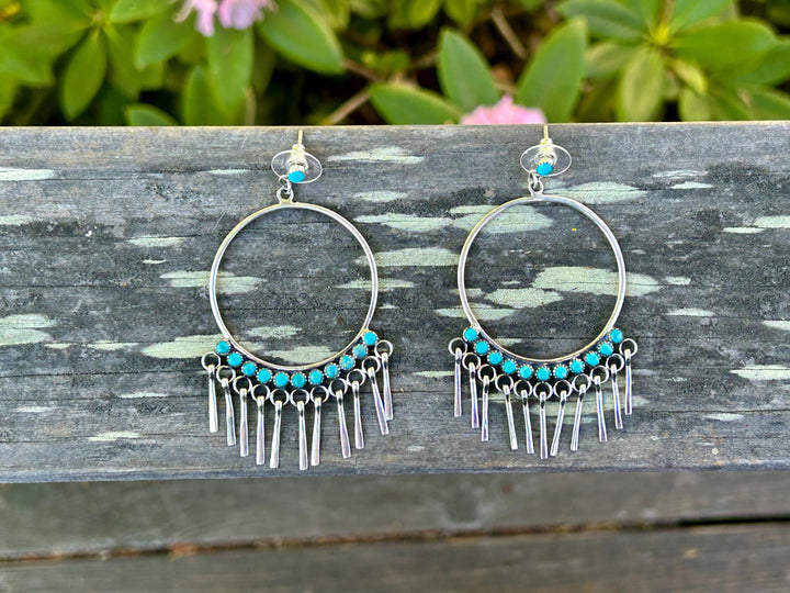 Turquoise Fringe Hoop Earrings - Sterling Silver Statement Jewelry