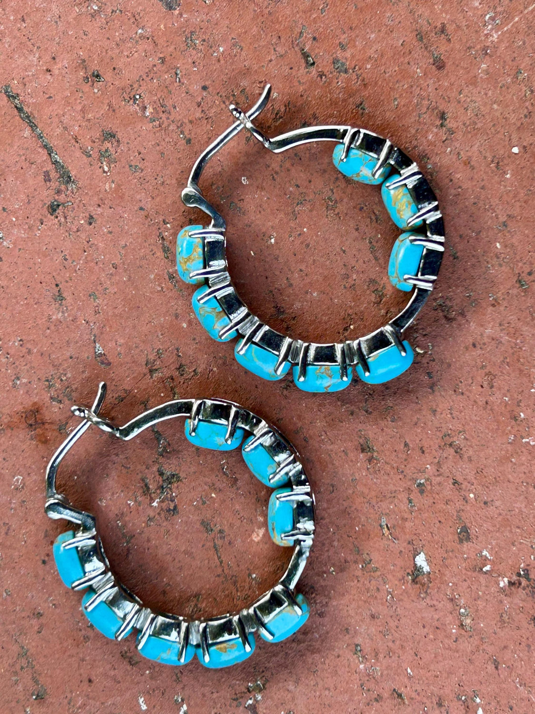 Platinum Turquoise Inside-Out Hoop Earrings: Boho Southwestern Design