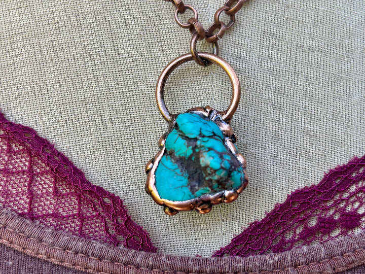 Genuine Copper Turquoise Necklace: Handmade Copper Chain, Vintage Style