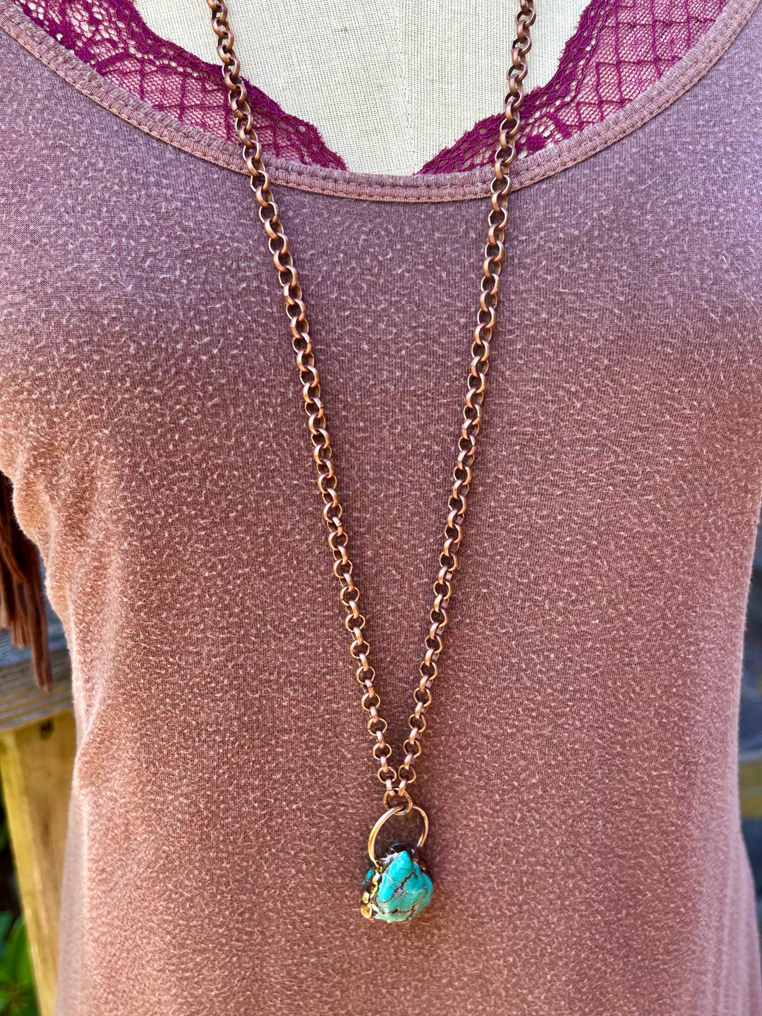 Genuine Copper Turquoise Necklace: Handmade Copper Chain, Vintage Style