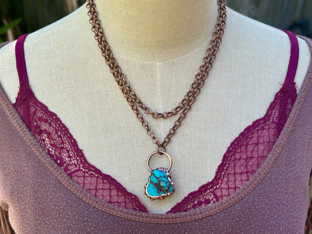 Genuine Copper Turquoise Necklace: Handmade Copper Chain, Vintage Style