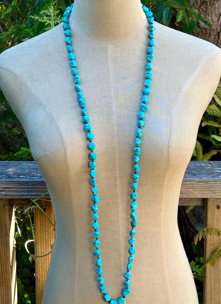 Turquoise Beaded Long Necklace:  Hand Knotted Southwestern Boho Design