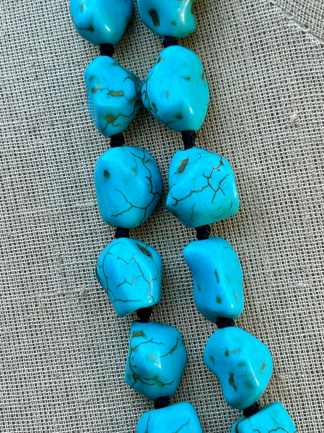 Turquoise Beaded Long Necklace:  Hand Knotted Southwestern Boho Design