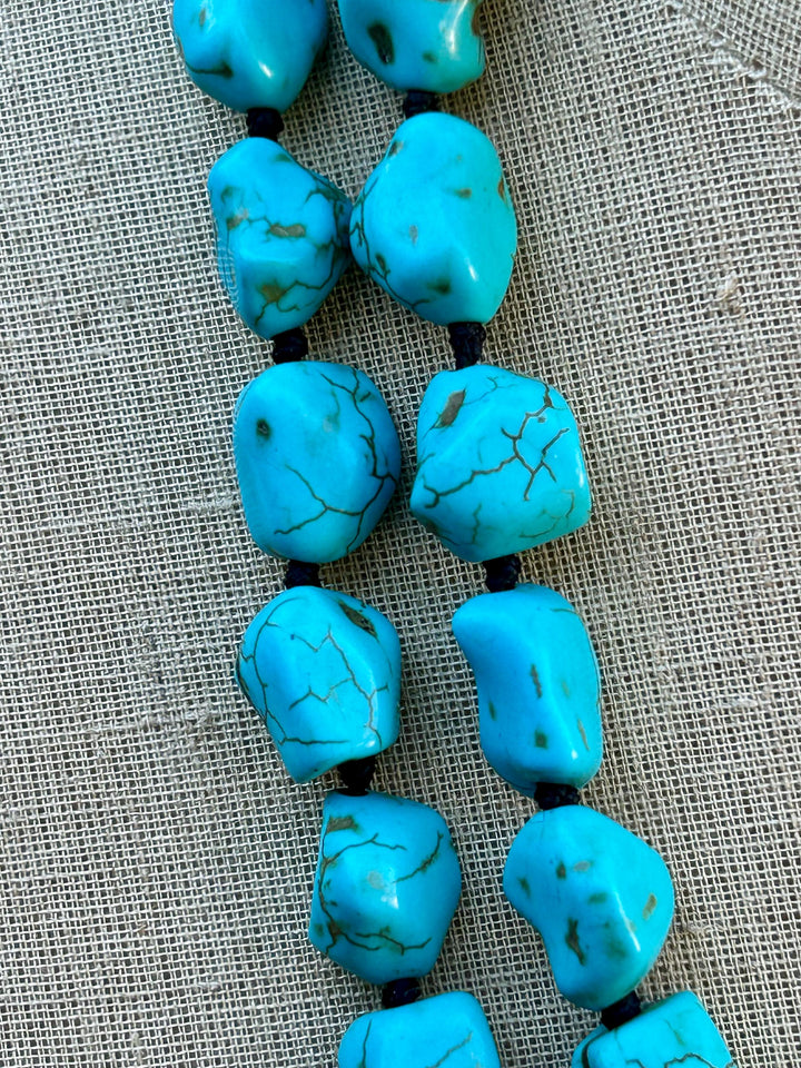 Turquoise Beaded Long Necklace:  Hand Knotted Southwestern Boho Design