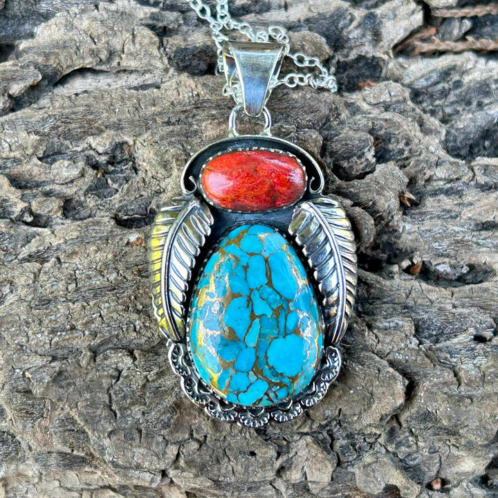 Turquoise & Red Coral Pendant Necklace: Sterling Silver Unisex