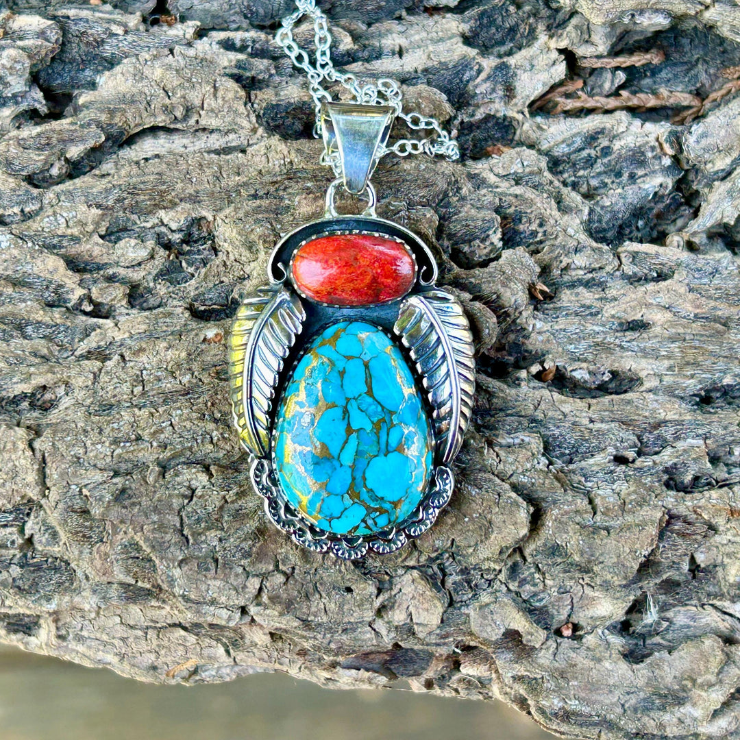 Turquoise & Red Coral Pendant Necklace: Sterling Silver Unisex