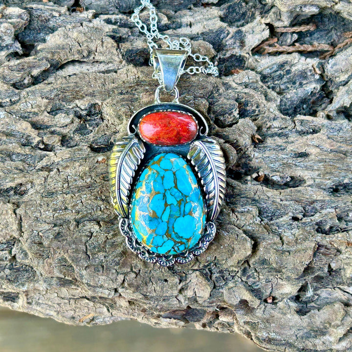 Turquoise & Red Coral Pendant Necklace: Sterling Silver Unisex