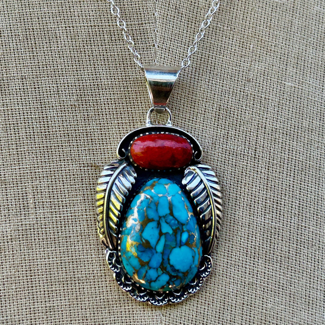 Turquoise & Red Coral Pendant Necklace: Sterling Silver Unisex