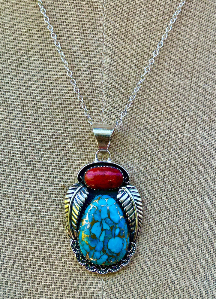 Turquoise & Red Coral Pendant Necklace: Sterling Silver Unisex