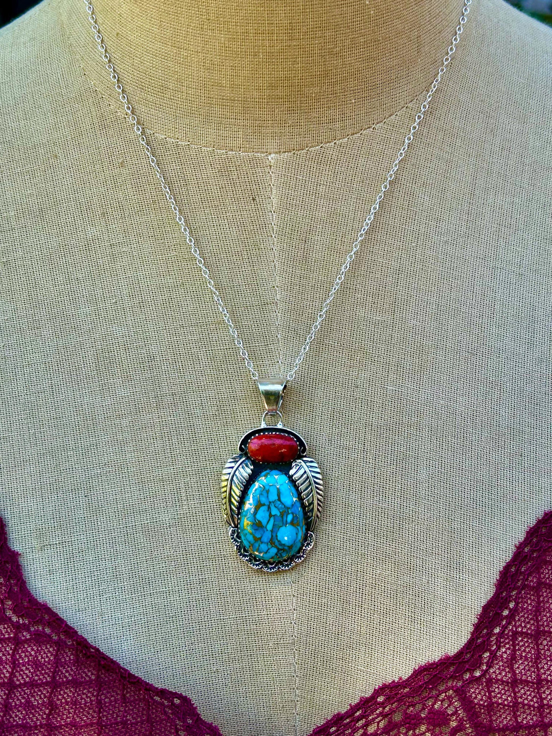 Turquoise & Red Coral Pendant Necklace: Sterling Silver Unisex