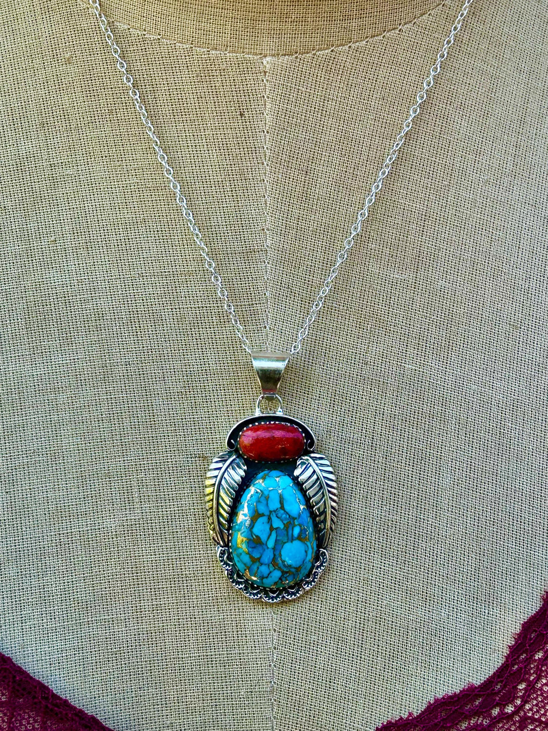 Turquoise & Red Coral Pendant Necklace: Sterling Silver Unisex