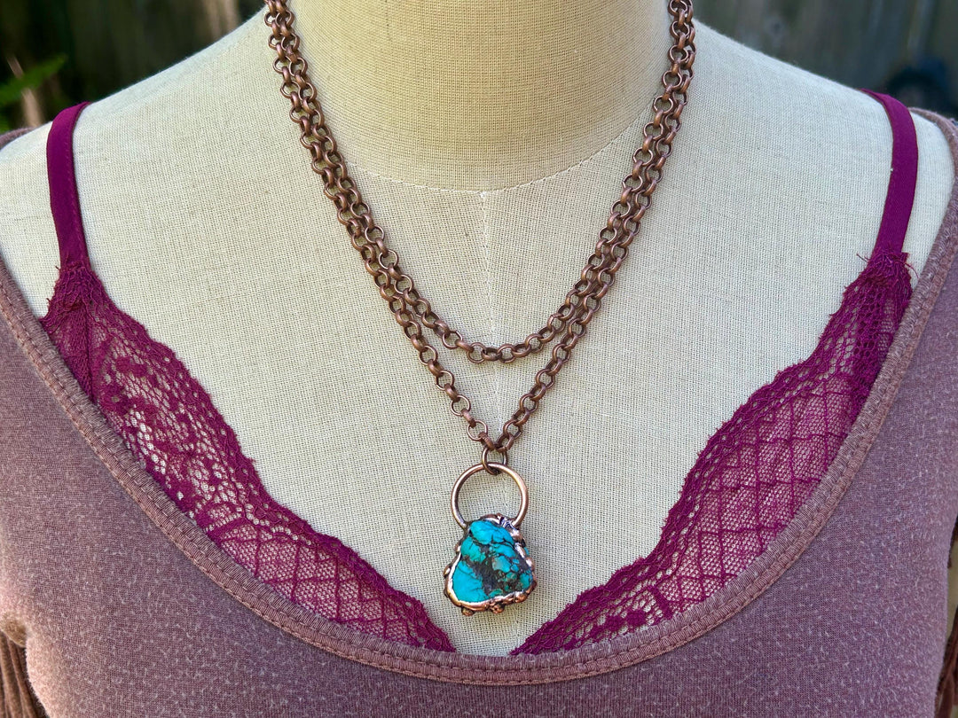 Genuine Copper Turquoise Necklace: Handmade Copper Chain, Vintage Style