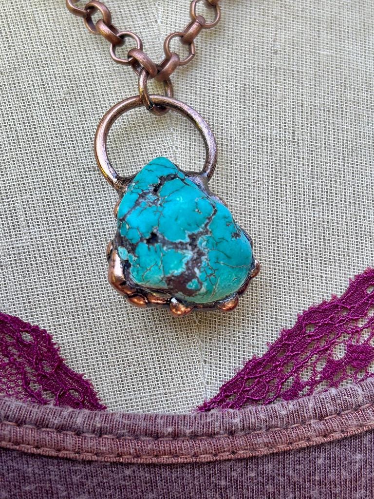 Genuine Copper Turquoise Necklace: Handmade Copper Chain, Vintage Style